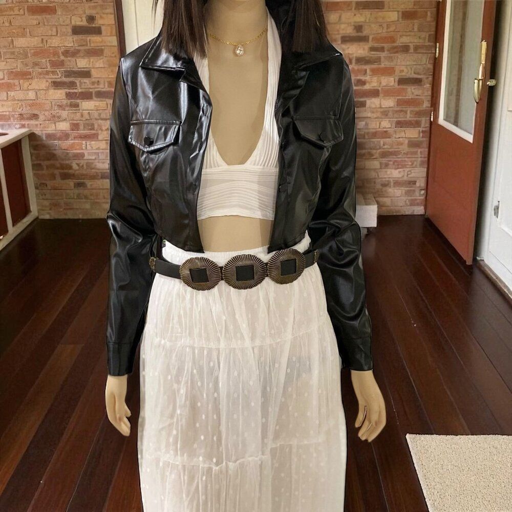 Black Leather Long Sleeve Button Down Cropped Jacket NEW - Picture 4 of 5